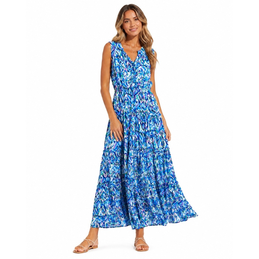 Cupshe Sleeveless Tiered Midi Dress Small Blue Pink Abstract Print NWT